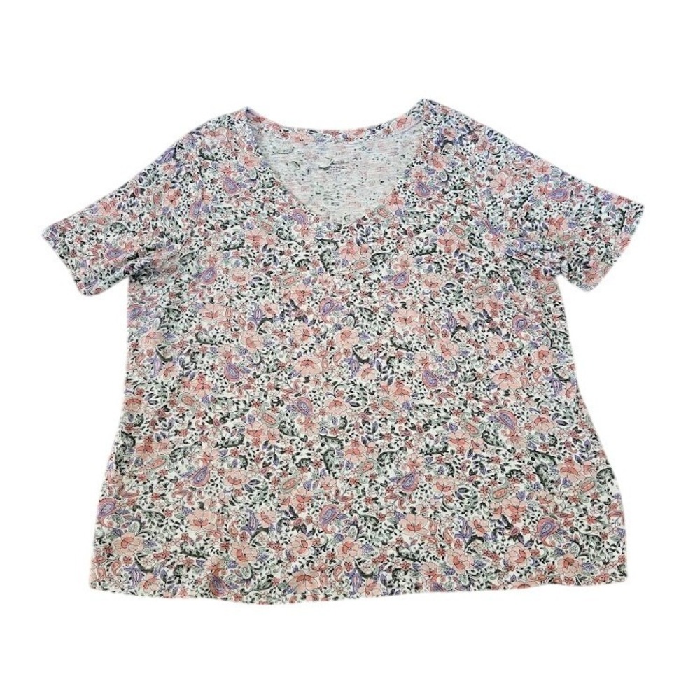 J. Jill Pima Slub Elbow-Sleeve Tee Floral Paisley V-Neck Pink Purple 2X Cotton